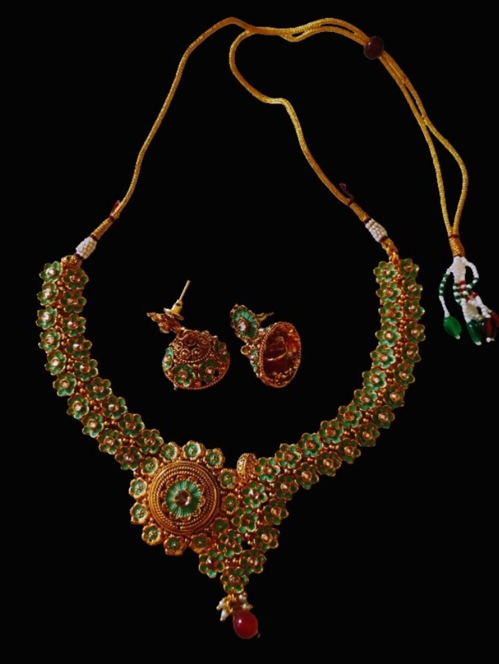 Gold-Tone Mint Green Stone Floral Necklace & Floral Jhumka Earrings Set